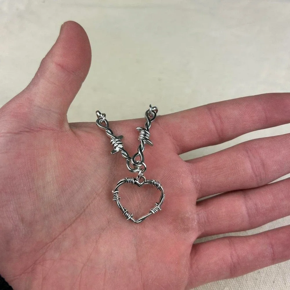 Vintage Y2K silver barbed wire heart opium cyber punk style necklace barb wire